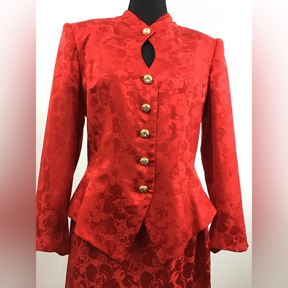 Vintage AJ Bari Silk Skirt Suit set Royal Red Sz 10 GOLD BUTTONS - Picture 6 of 17